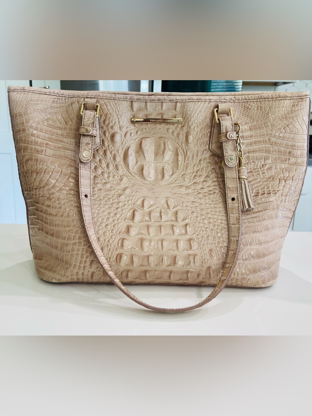 Brahmin Medium Asher Croc-Embossed Leather Tote in Pale Blush